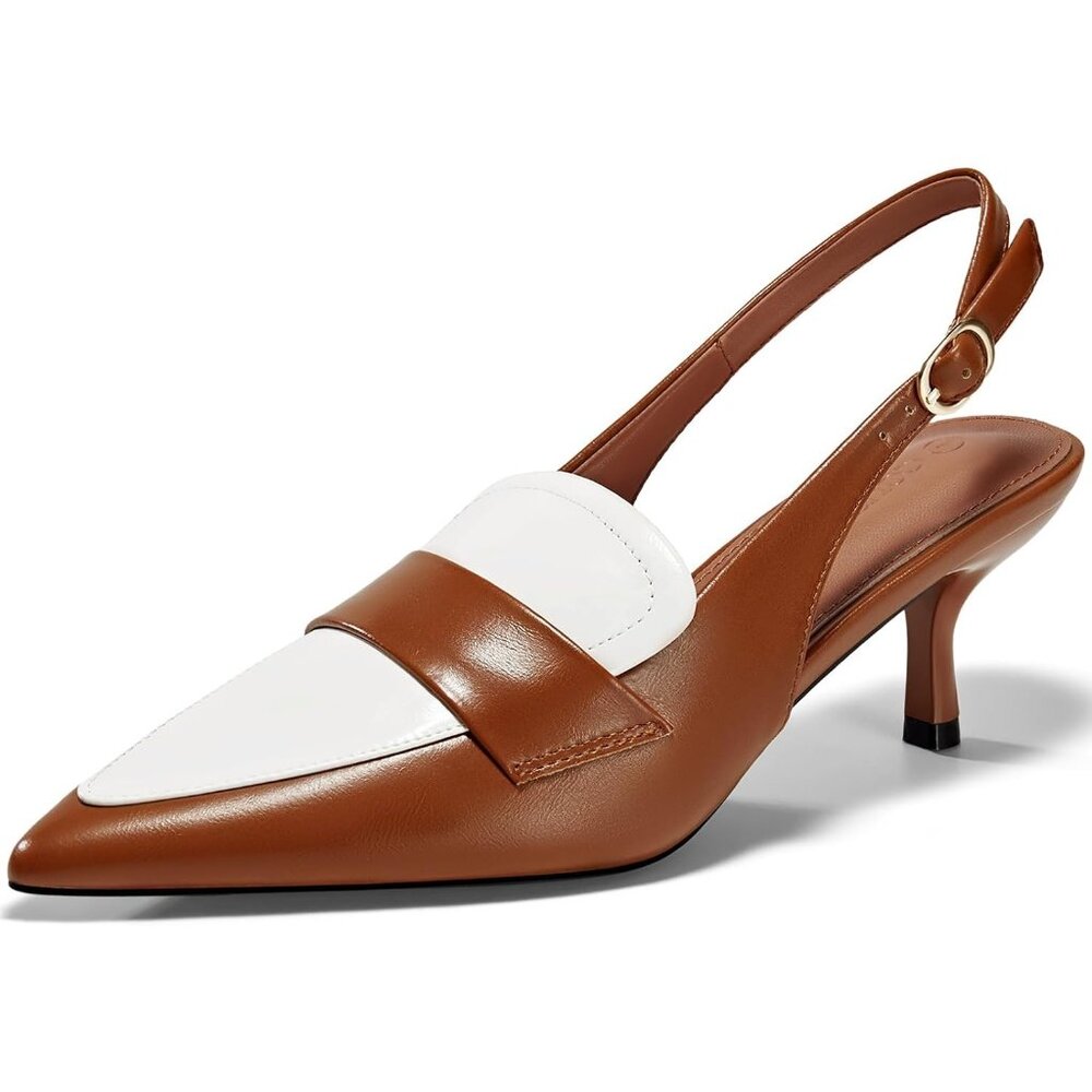 💫 Women Brown Loafers Splicing Vintage Heels Slingback Pointed Toe Office Shoes